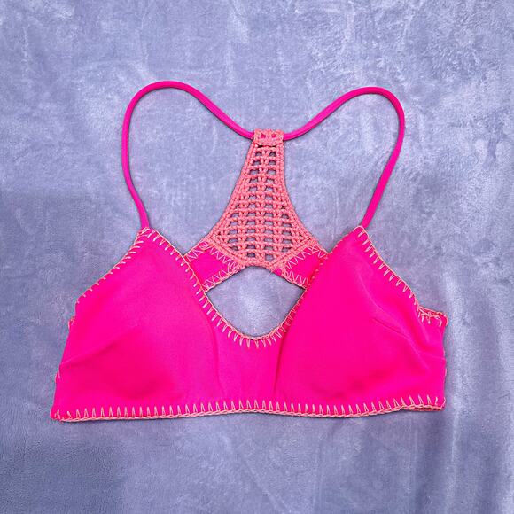 VICTORIAS SECRET Swim Carova Crochet Bikini Top Pink Padded Womens Small - Picture 2 of 8